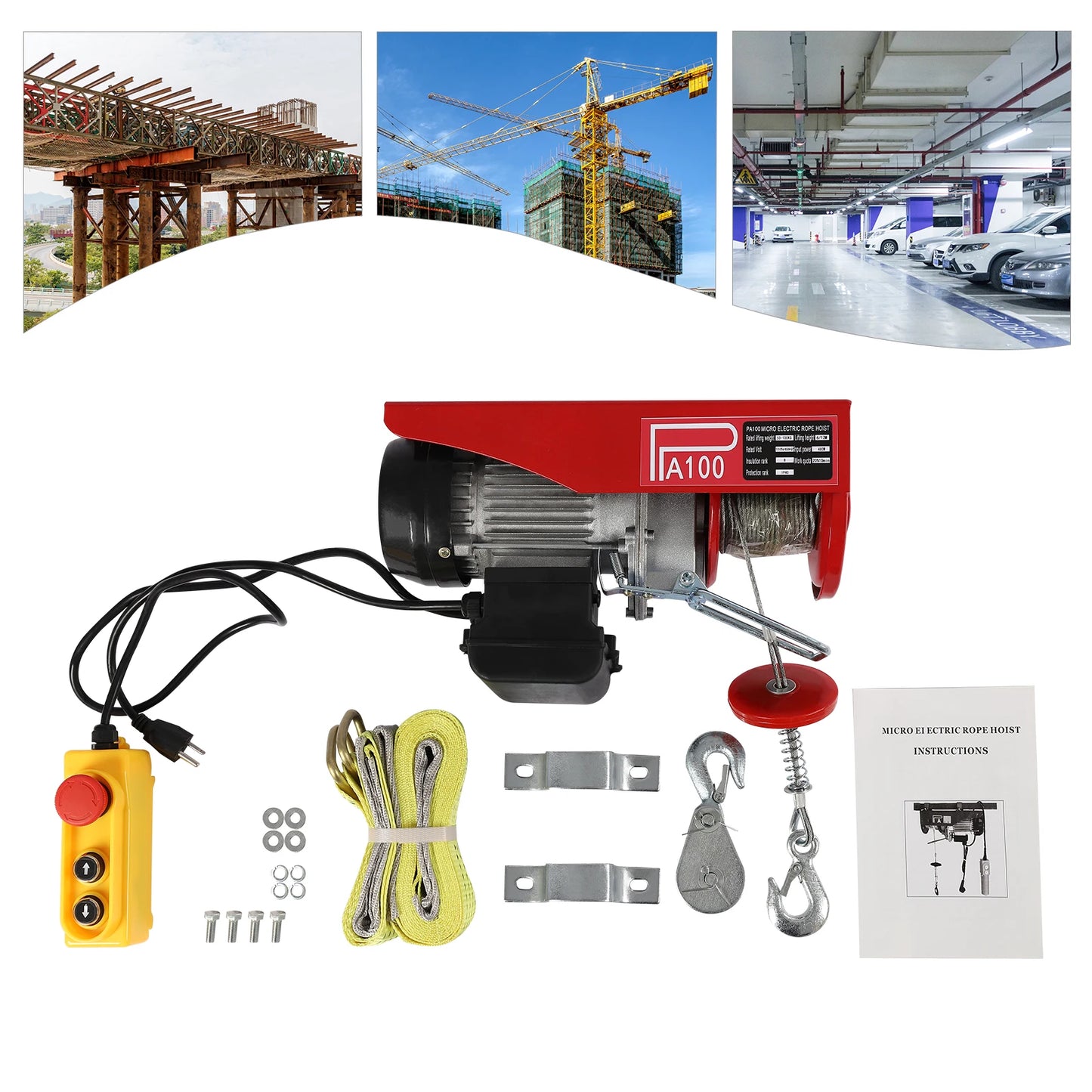 480W Electric Hoist 110V Electric Winch With Remote Control And Double Slings 220lbs Loads For Factories, Docks, Warehouses - TrendForce25