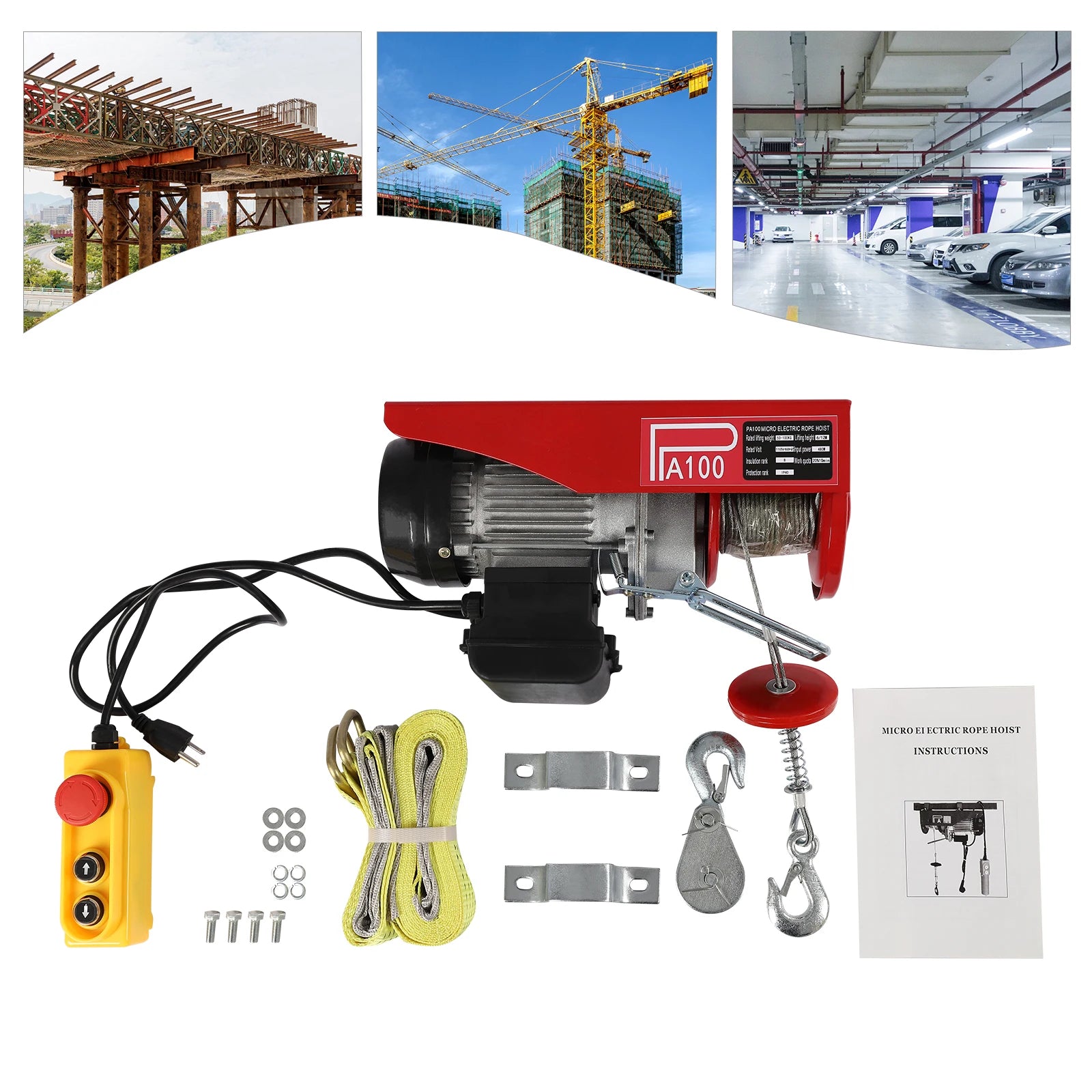 480W Electric Hoist 110V Electric Winch With Remote Control And Double Slings 220lbs Loads For Factories, Docks, Warehouses - TrendForce25
