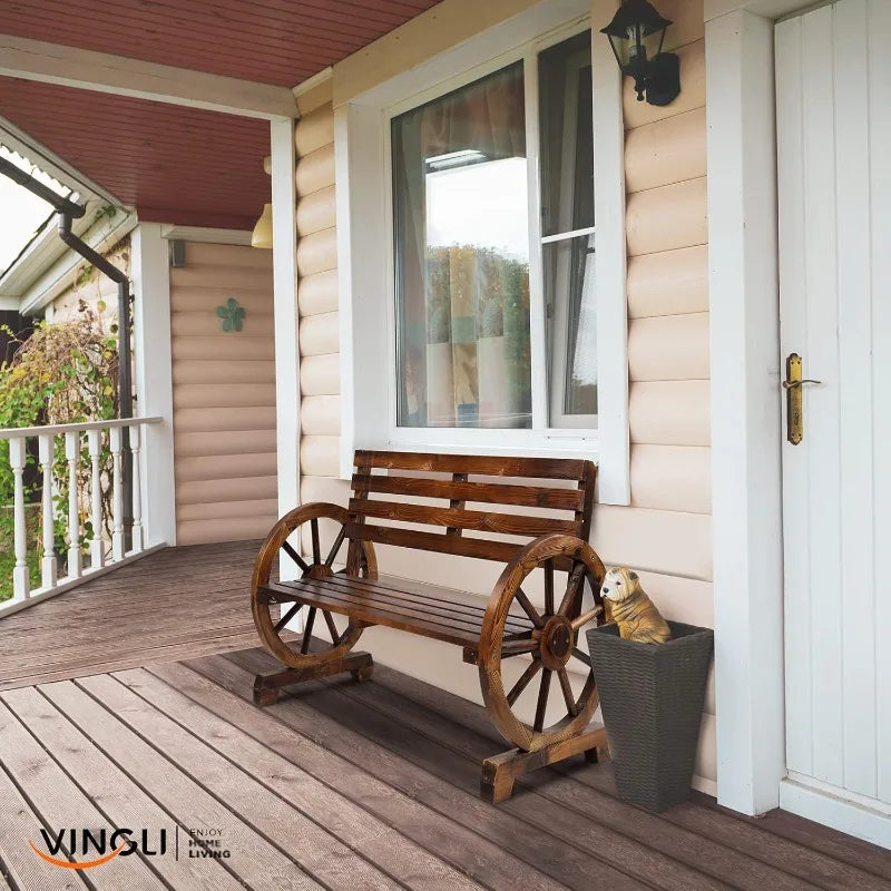 41" Rustic Wooden Wheel Bench Outdoor Bench,2-Person Patio Bench Wagon Slatted Seat,Garden Benches Outdoors 350lbs High Capacity - TrendForce25