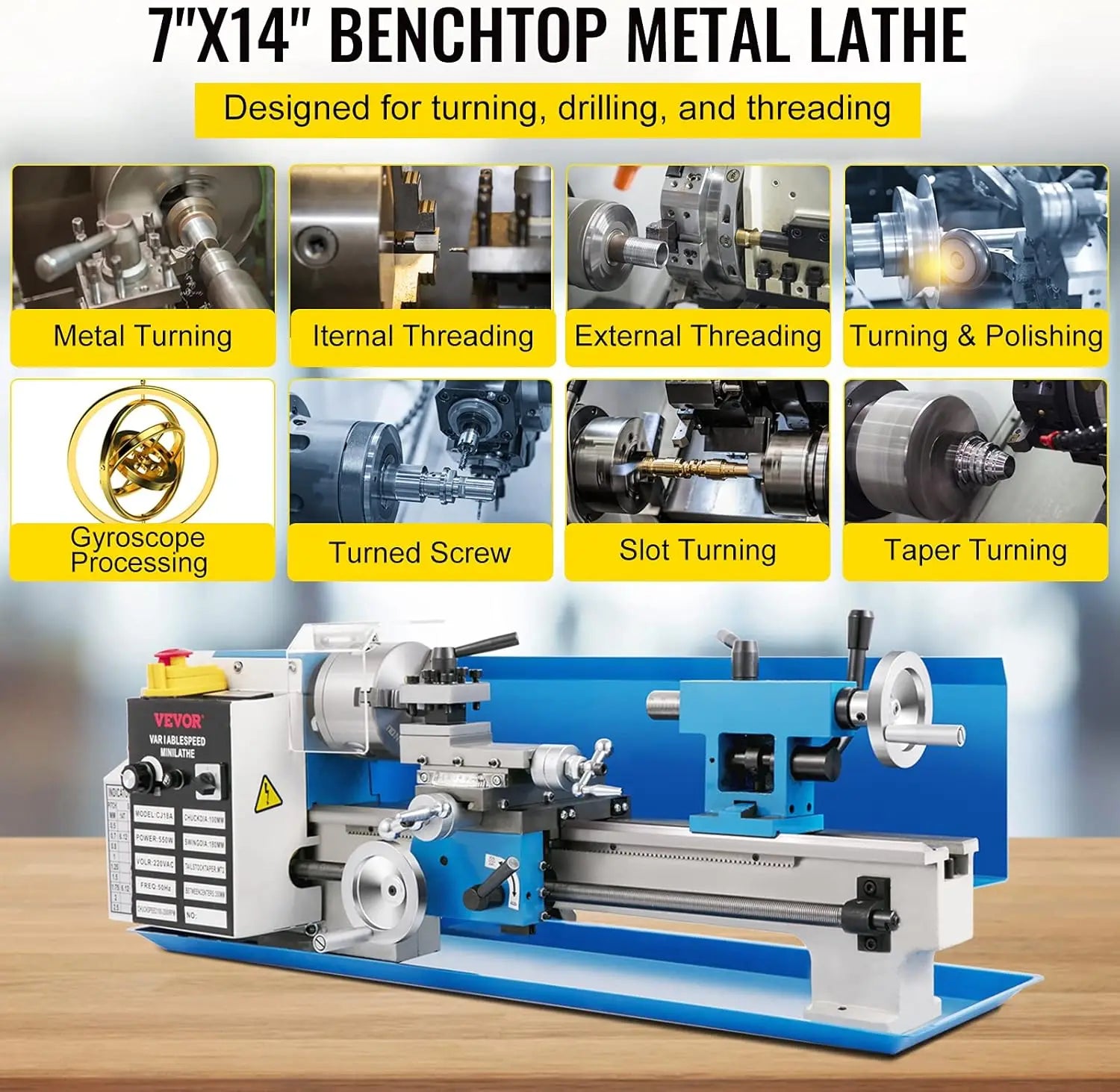 Mini Metal Lathe, 7"x14" Benchtop Metal Lathe, 550W Variable Speed 2250RPM Metal Lathe, with 3-Jaw Chuck CNC Mini Lathe Machine - TrendForce25