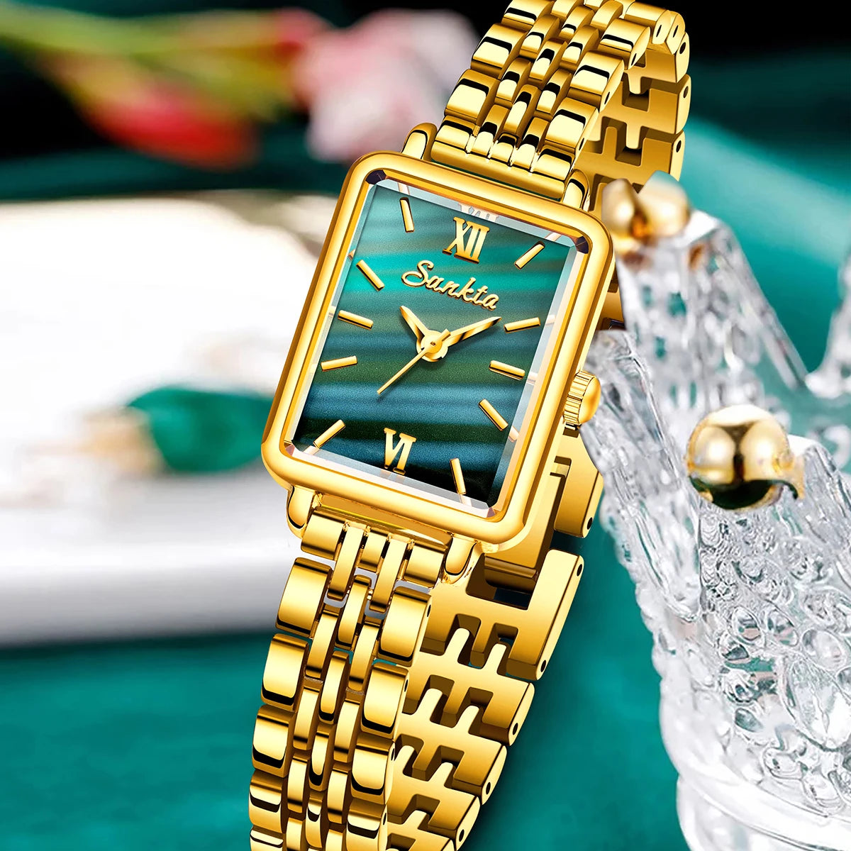 SUNKTA Luxury Hight Quality Quartz Watch Fashion Charming Rhinestones Stainless Steel Band Women's Wristwatches+BOX