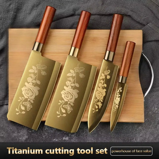 4-Piece Titanium-Coated Kitchen Knife Set - Sharp, Durable, Perfect for Cutting Meat and Bones,Commercial kitchen and Home Cooks
