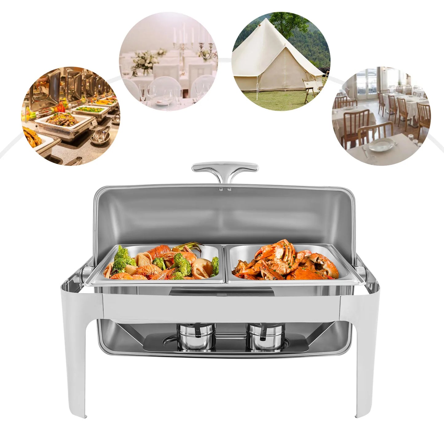 9L Roll Top Chafing Dish, Tempered Glass Cover, Alcohol Stove, Heating Plate, Stainless Steel for Catering and Buffets