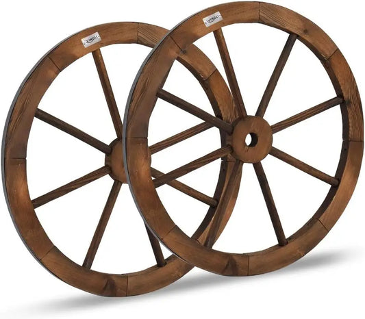 24" Decorative Wooden Wheel (Set of 2) Vintage Old Western Style Wall Hanging Wood Wagon Wheel for Bar Garage Patio Carbonized S - TrendForce25
