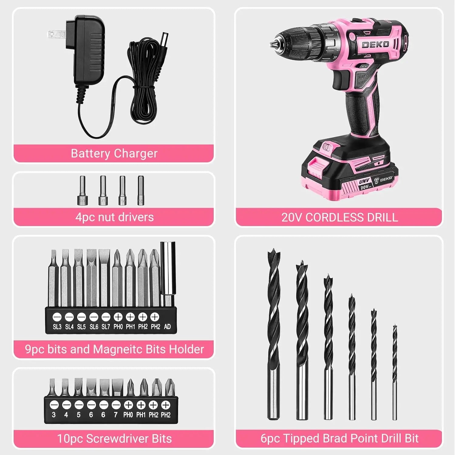 Power Drill Cordless: DEKO Pink Cordless Drill 20V Electric Power Drill Set Tool for Women - TrendForce25
