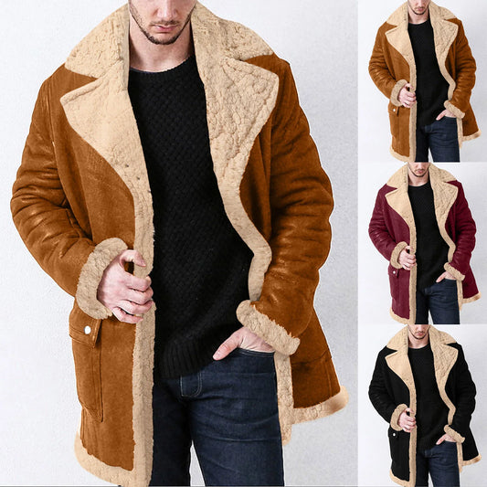 Mid Length Jacket Men Winter Zipper Coat Lapel Long Sleeve Padded Leather Jacket Men's Business Casual Light Jacket