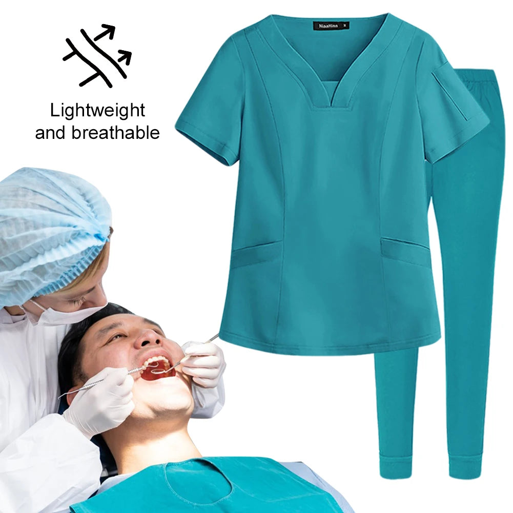 Unisex Medical Nurse Beauty Salon Workwear V-Neck Doctor Nurse Scrubs Set Hospital Surgical Work Clothes for Women Men