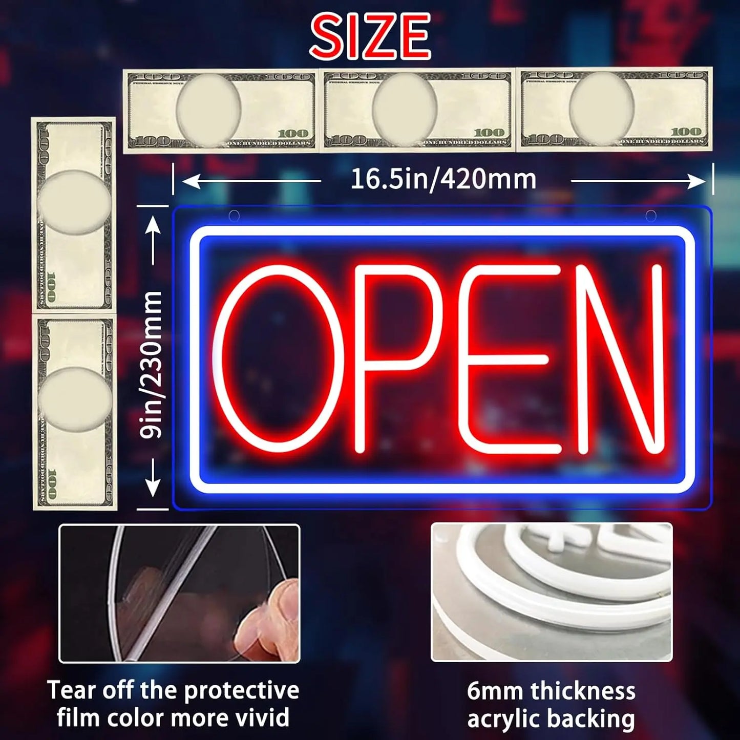 “OPEN” LED neon light for store window glass door open sign store florist bar salon cafe restaurant USB powered dimmable 16"