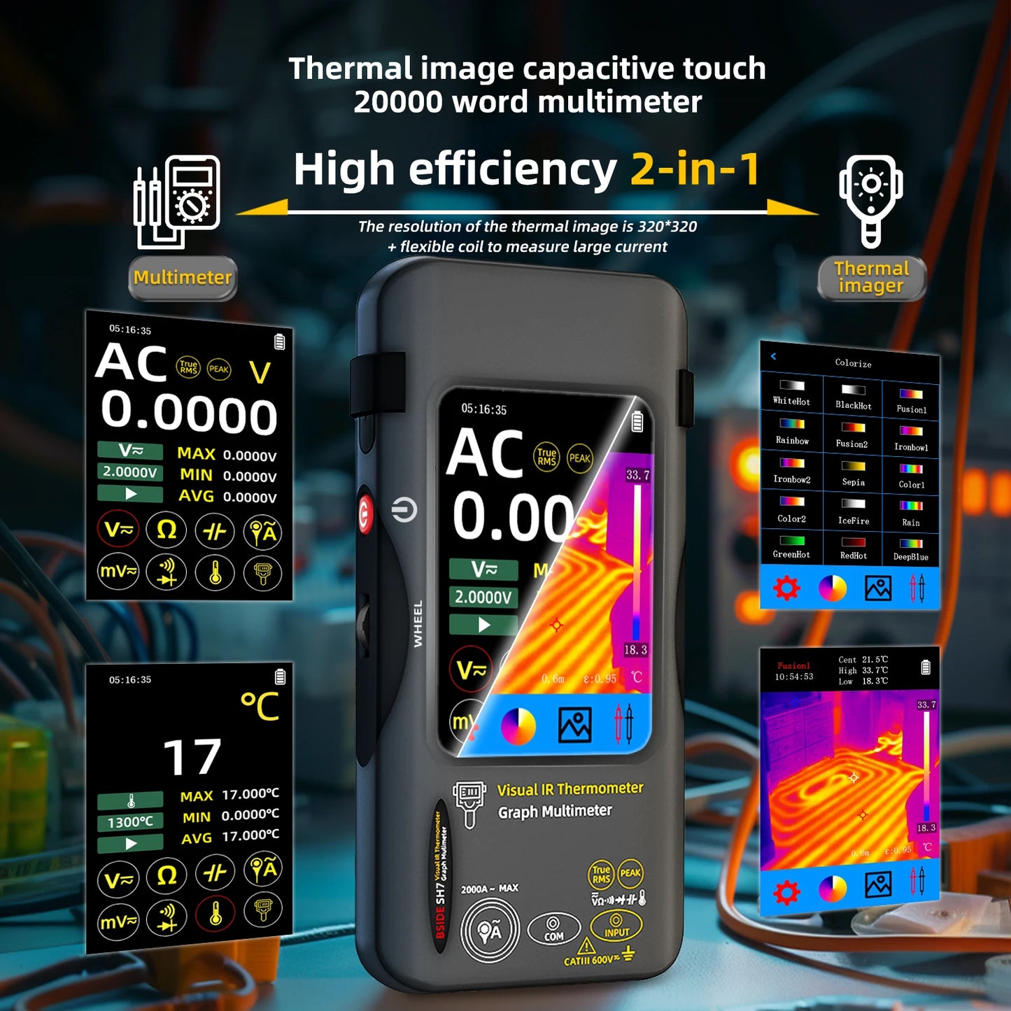 BSIDE Thermal Imager Multimeter 3.98 inch touchscreen 320*320 resolution 15 color palettes Water Leak Detection Circuit repair