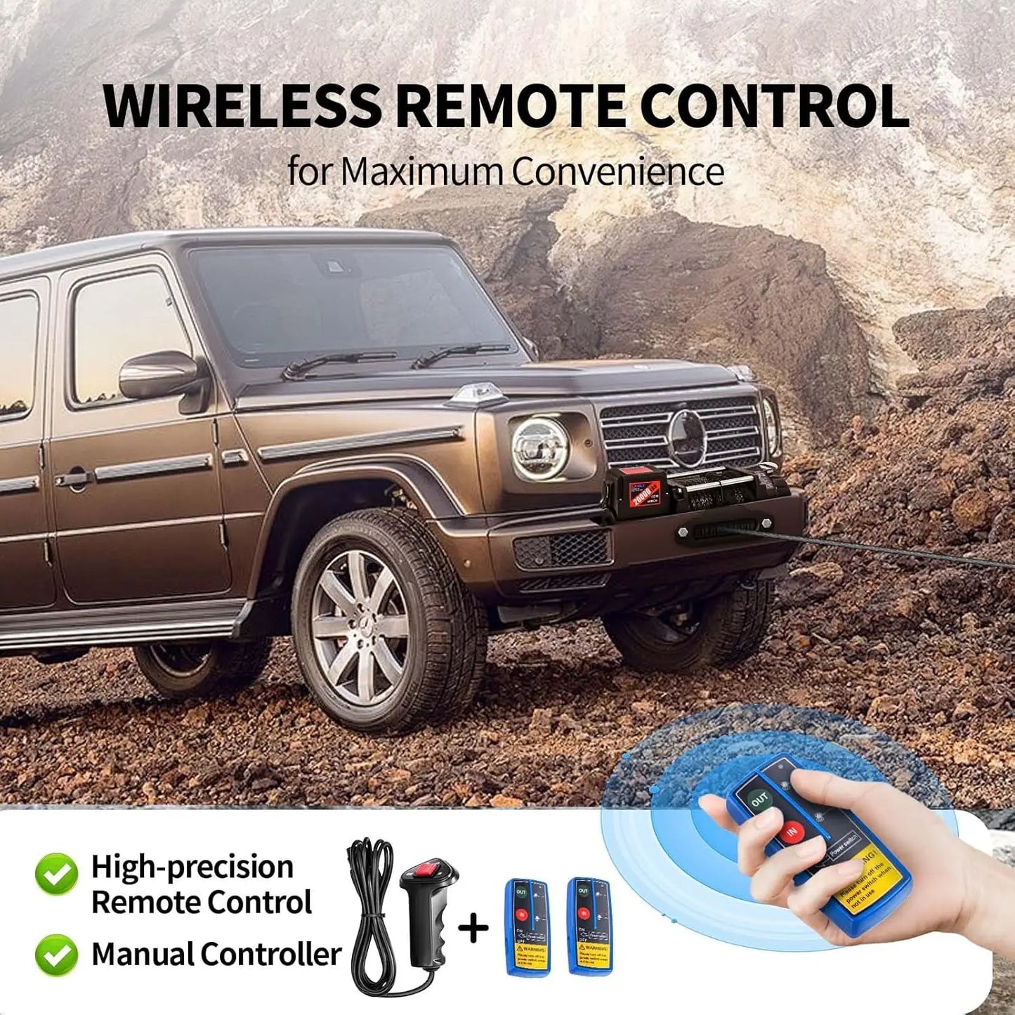 12V Electric Winch, 13500 Load Capacity Synthetic Rope Towing Winches for Jeep Truck SUV,with Wired Handle and Wireless Remote - TrendForce25