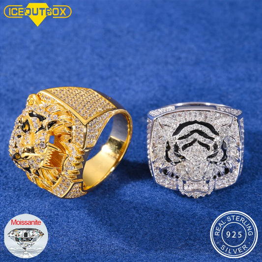 D VVS Moissanite Fierce Tiger Ring For Men 925 Sterling Silver Top Quality Exquisite Animal For Man Hip Hop Bling Jewelry Gifts