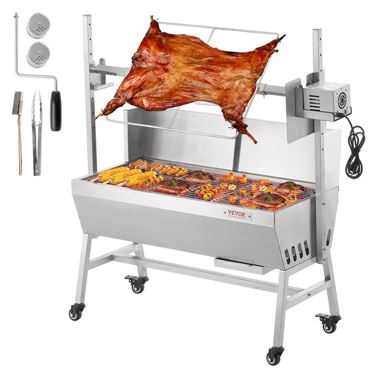SucceBuy 35inch Rotisserie Grill Electric Motor Charcoal Spit Grill Stainless Steel Roaster w/Lockable Wheels for Camping - TrendForce25