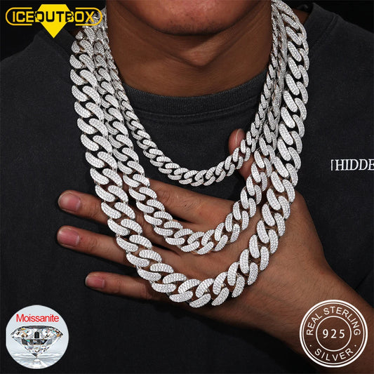 D VVS Moissanite 8-20mm S925 Sterling Silver Cuban Link Bracelet Miami Chain Necklace For Men Singer Style Rap Hip Hop Jewelry - TrendForce25
