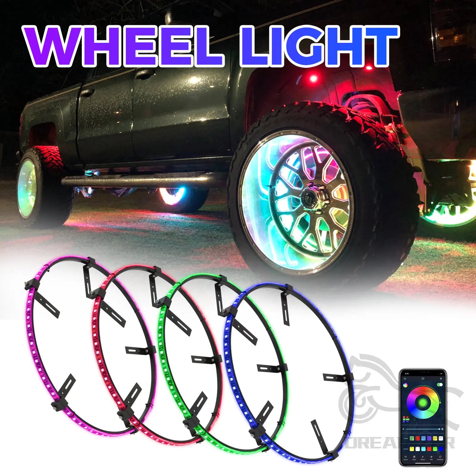 4Pcs Car Hub Light For 15.5 in Wheel Decorative Waterproof LED APP/Remote Wheel Ring Conversions Phantom Light Neon Lamp - TrendForce25