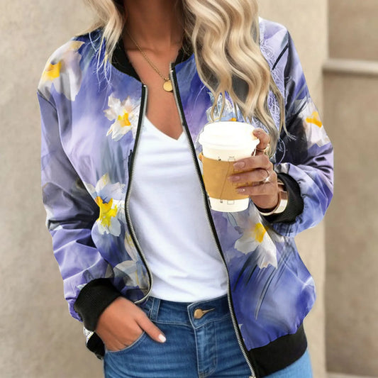 Women's Floral Print Stylish Jacket Regular Size Long Sleeve Full-Zip Baseball Jacket Casual Fall All Match Jacket Coat Outfits