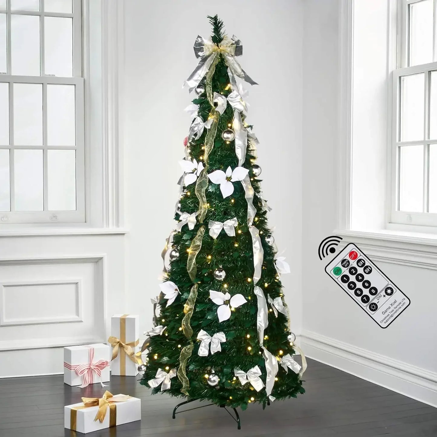 Pop up Christmas Tree - 6 Ft Pre-lit Christmas Tree with Remote Fully Decorated with 200 LED Lights, White & Gold Ribbon