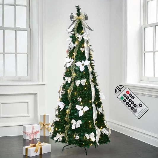 Pop up Christmas Tree - 6 Ft Pre-lit Christmas Tree with Remote Fully Decorated with 200 LED Lights, White & Gold Ribbon