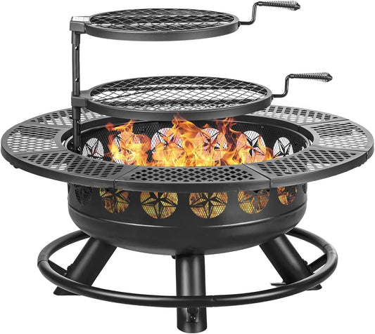 36 Inch Fire Pit with 2 Cooking Grills,Outdoor Wood Burning BBQ Firepit with Lid, 3-in-1 Outdoor Fire Pit - TrendForce25