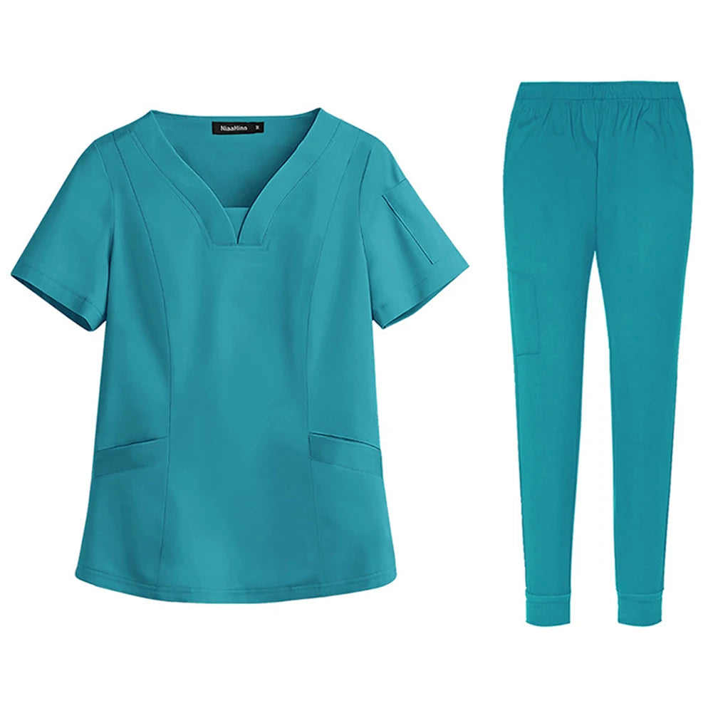 Unisex Medical Nurse Beauty Salon Workwear V-Neck Doctor Nurse Scrubs Set Hospital Surgical Work Clothes for Women Men