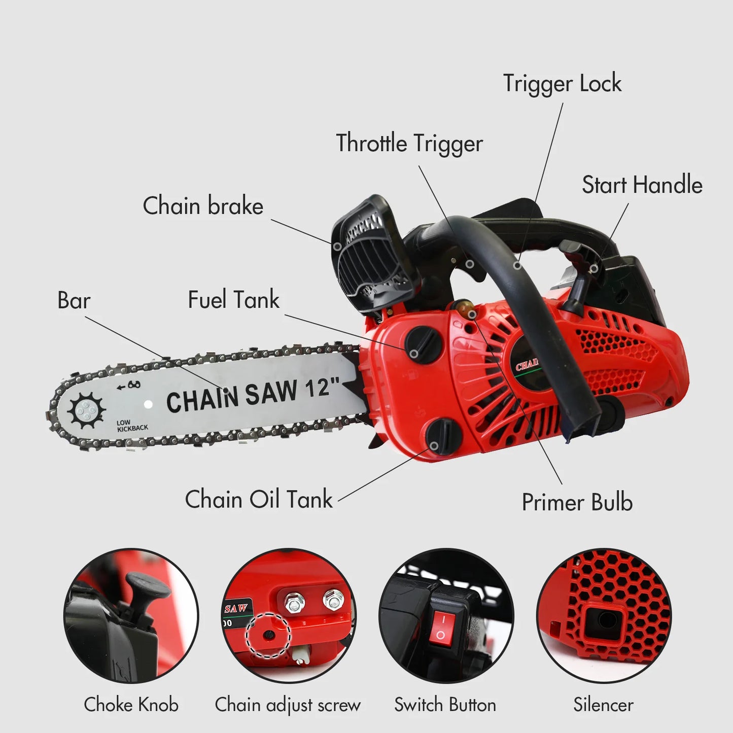 12 Inch Cordless Chainsaw Gasoline Lightweight Portable Electric 1000W 25.4 CC Woodworking for Tree Wood Branch Cutting Farm - TrendForce25