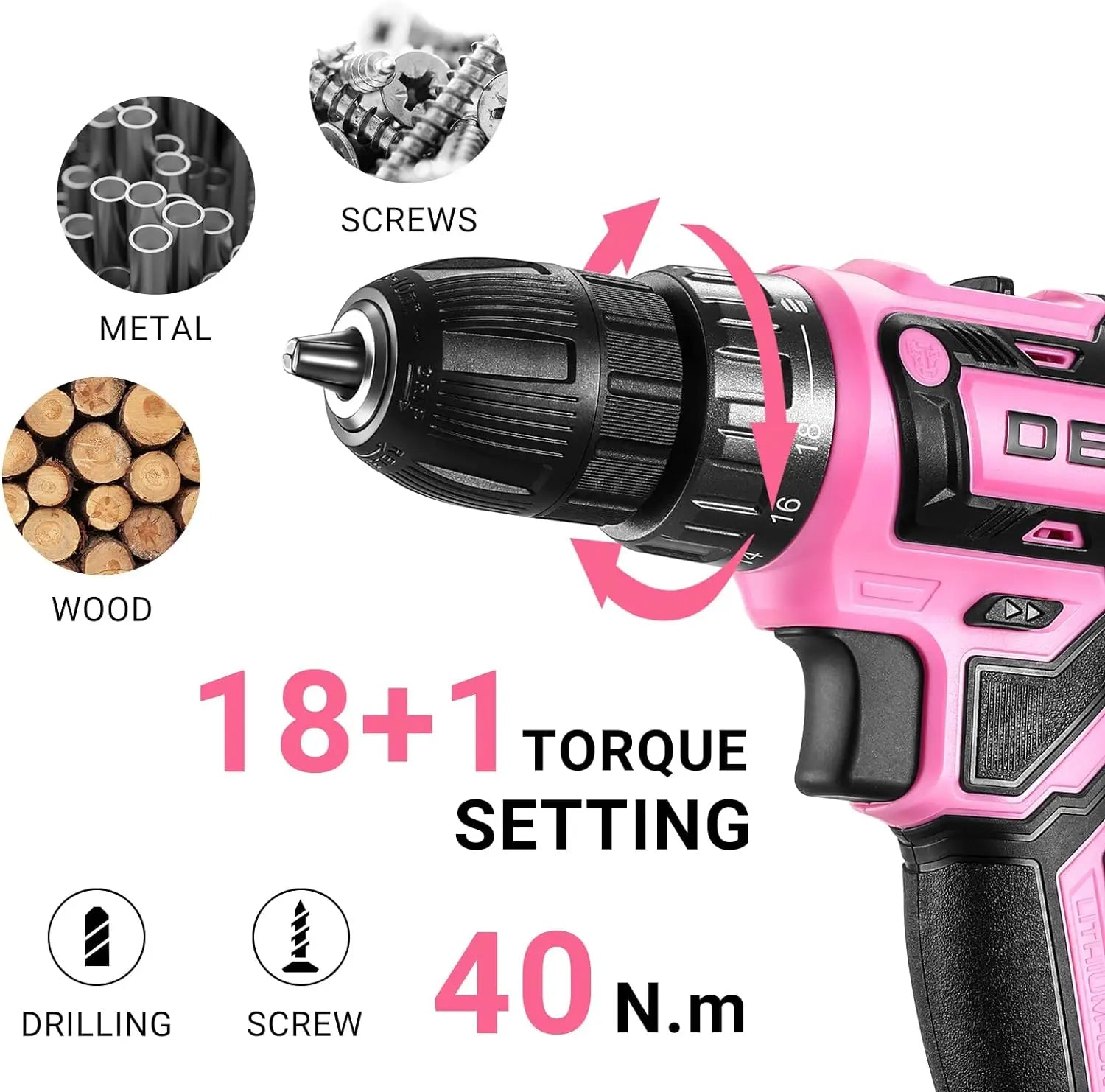 Power Drill Cordless: DEKO Pink Cordless Drill 20V Electric Power Drill Set Tool for Women - TrendForce25