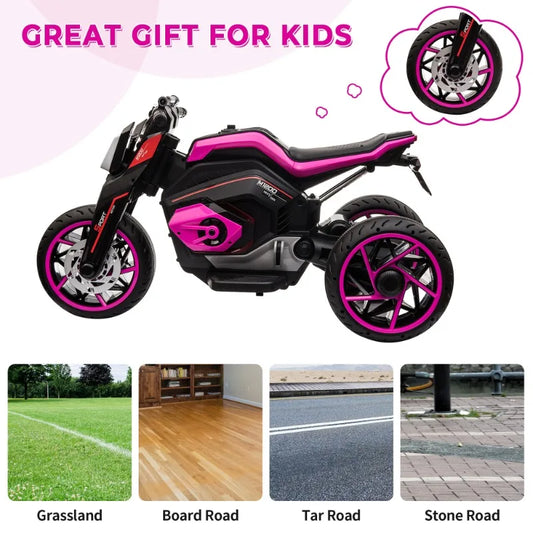 12V Three-wheel Ride On Motorcycle, Kids Electric Motorbike with Horns, LED Lights, Gift for Kids 3-8 Years,Rosy - TrendForce25