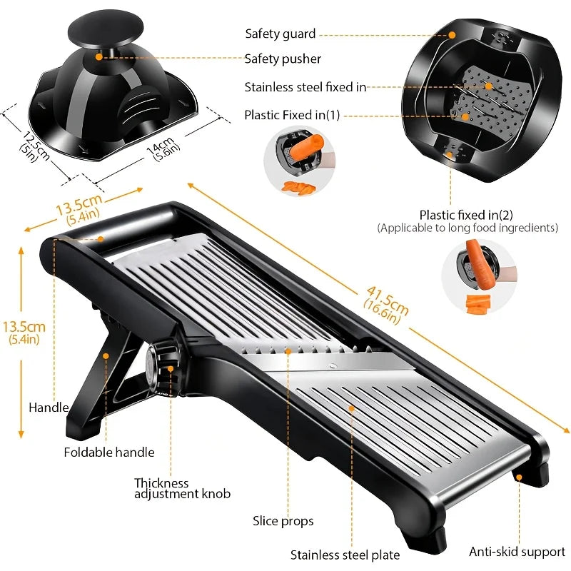 Stainless Steel Mandoline Slicer with 5 Blades & Holder - Safe Hand Guard Food Chopper for Vegetable Fruit, Easy Clean