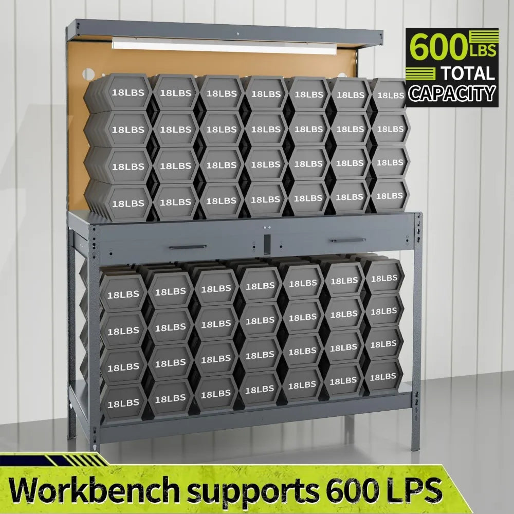 Work Bench, Workbench with Power Outlets and Light, A3 Steel Workbench with Drawers, Pegboard,