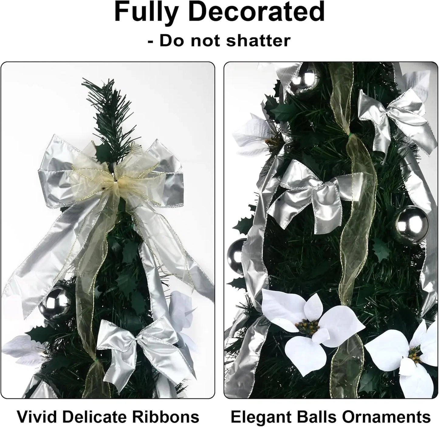 Pop up Christmas Tree - 6 Ft Pre-lit Christmas Tree with Remote Fully Decorated with 200 LED Lights, White & Gold Ribbon