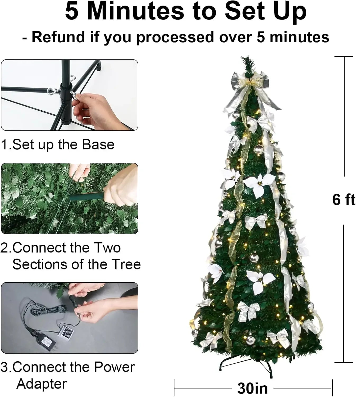 Pop up Christmas Tree - 6 Ft Pre-lit Christmas Tree with Remote Fully Decorated with 200 LED Lights, White & Gold Ribbon