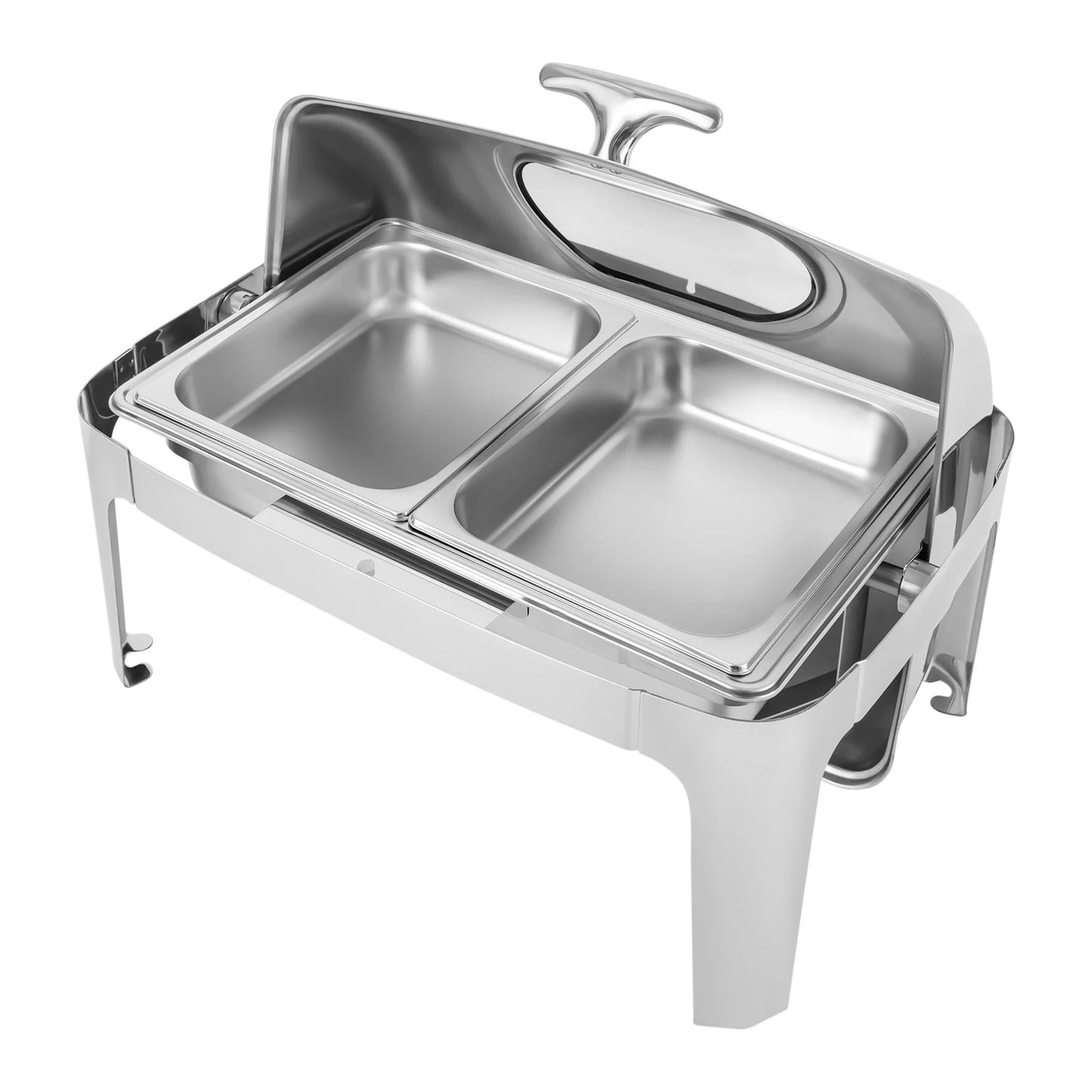 9L Roll Top Chafing Dish, Tempered Glass Cover, Alcohol Stove, Heating Plate, Stainless Steel for Catering and Buffets