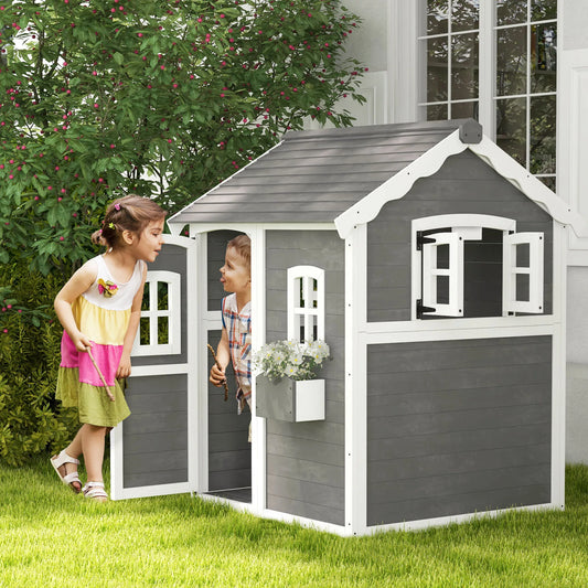 Outsunny Playhouse for Kids, Outdoor Wooden Playhouse with Floor, Door, Windows & Planter Box for 3-8 Year Olds, Backyard