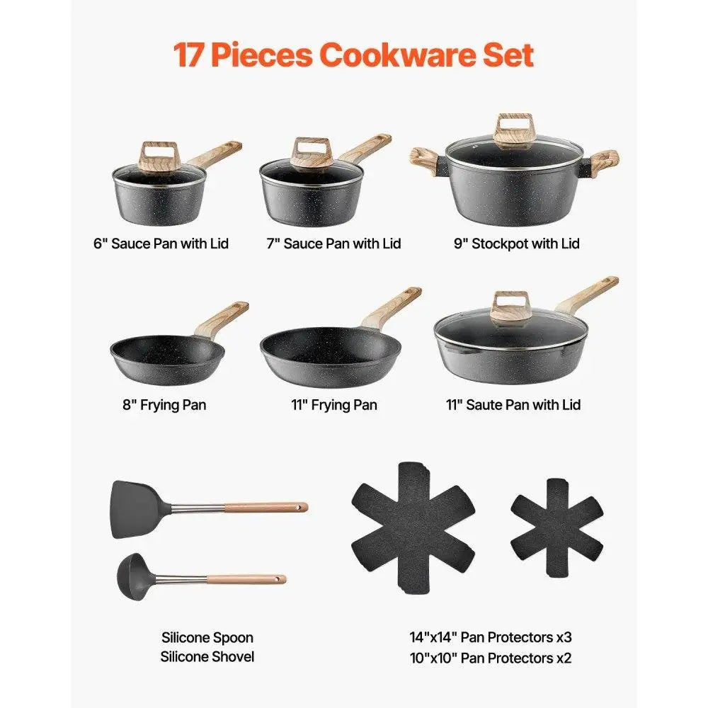 17 Piece Granite Nonstick Pots and Pans Cookware Set for Induction Black Kitchen Essentials