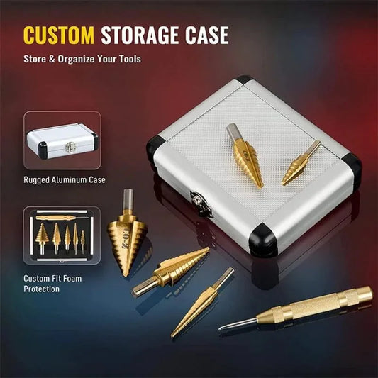 Step Drill Bit Set 5-Piece Titanium-Coated High Speed Steel with Automatic Center Punch for Drilling Sheet Metal Step Drill Bit