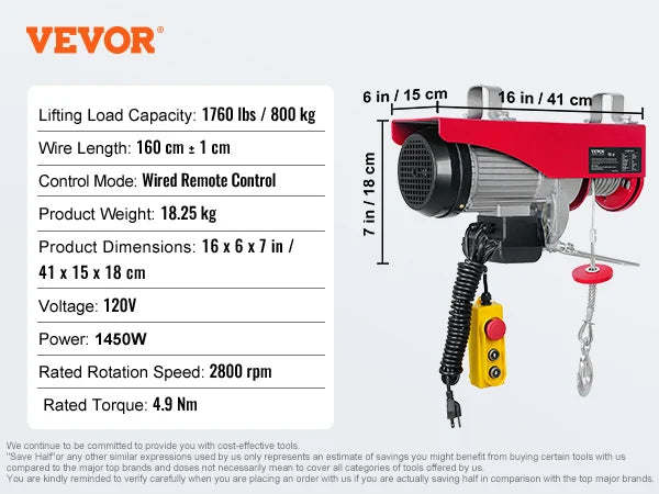 SucceBuy 200-800kg Electric Hoist with Wired/Wireless Remote Control Lifting Crane Cable Hoist Winch for Boat Garage Elevator