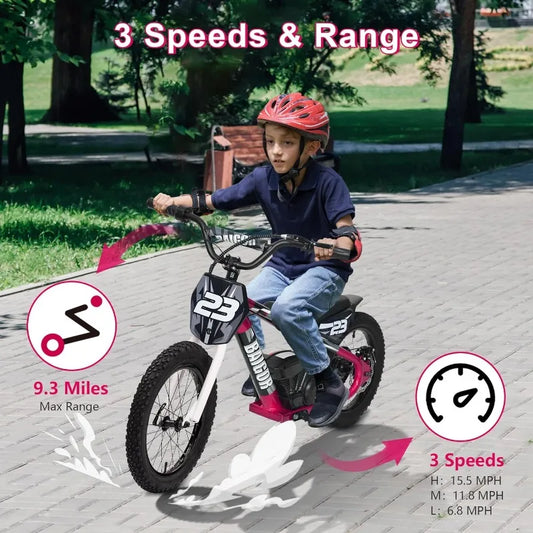 Electric Dirt Bike Kids Ages 6-12, 250W Motorcycle Up 5.5MPH 24V Detachable Battery 16'' Inflatable Tire Balance Bike(Pink) - TrendForce25