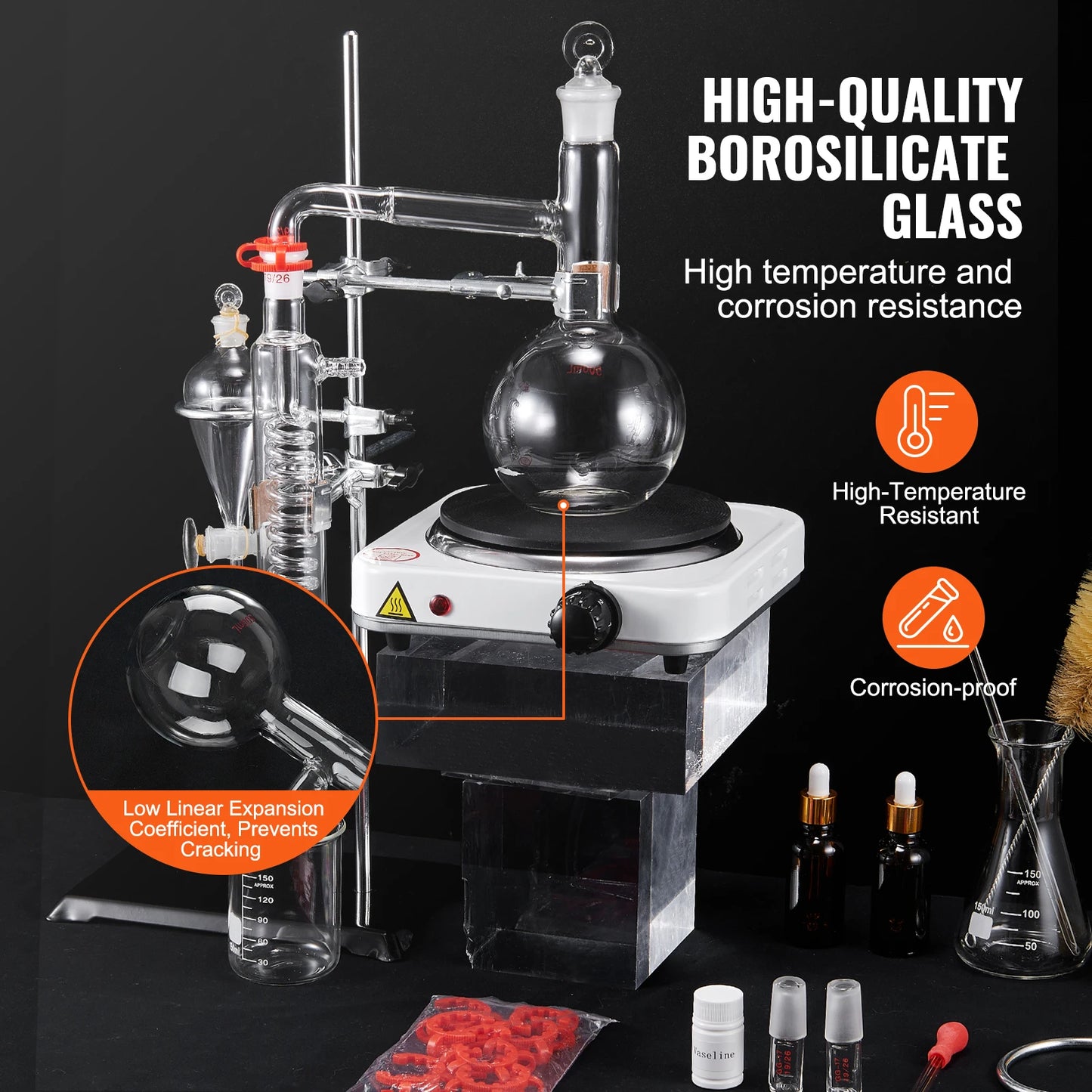 SucceBuy Essential Oil Distillation Kit 500ml 2L Distillation Apparatus 3.3 Boro Lab Glassware Distillation Kit w/ Heat Plate
