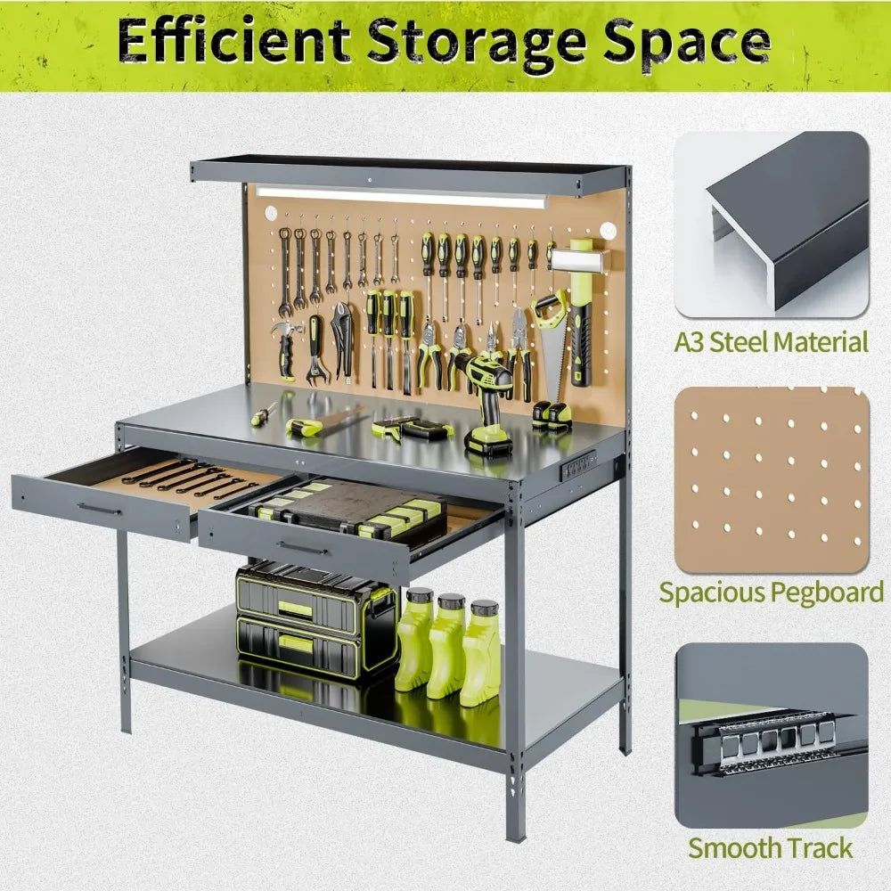 Work Bench, Workbench with Power Outlets and Light, A3 Steel Workbench with Drawers, Pegboard,