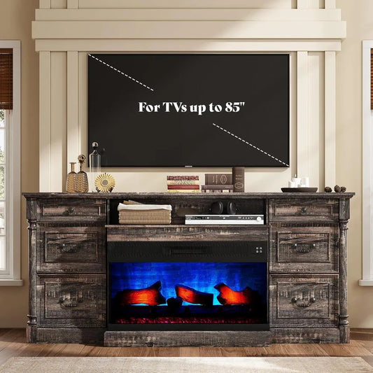 75" Fireplace TV Stand, Large TV Stand with 36" Fireplace, Farmhouse Entertainment Center with Solid Wood Roman Column, 2 Drawe