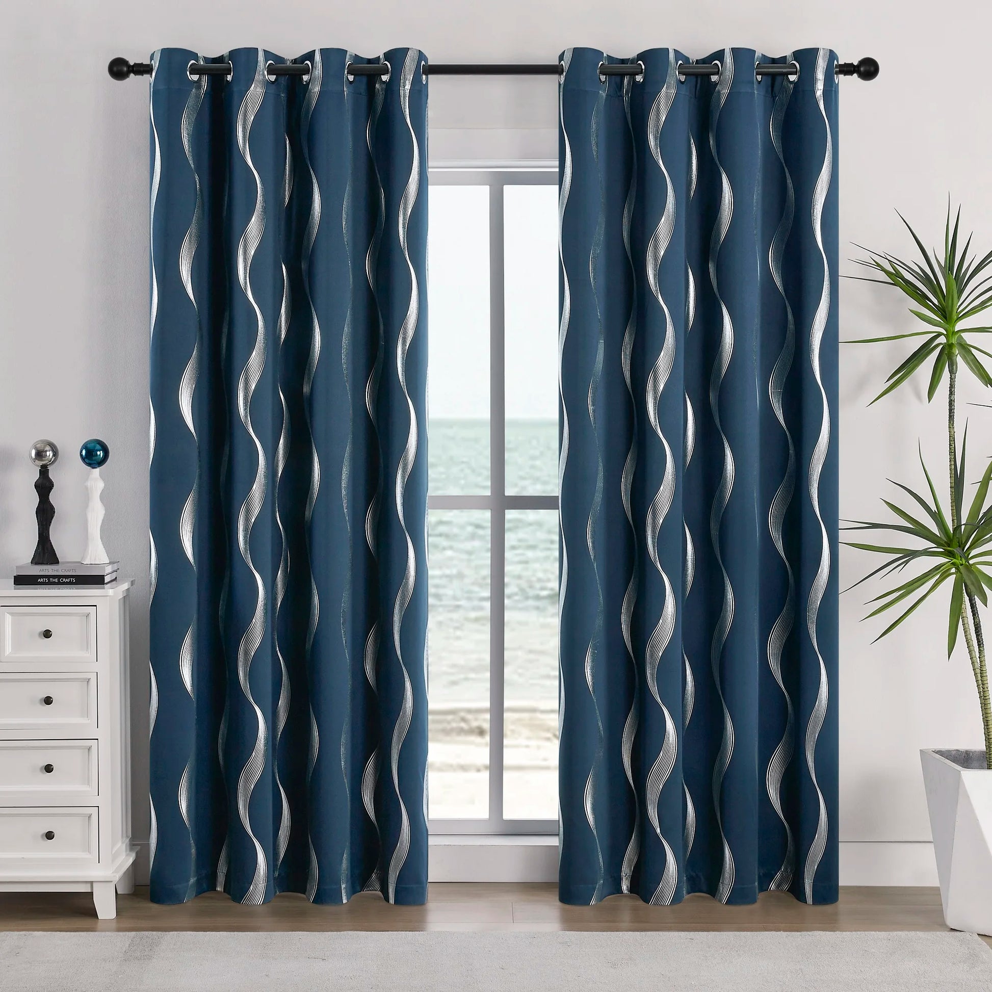 4Pcs Blackout Curtains Grommet Thermal Insulated Room Darkening  With Wave Foil Printed For Bedroom - TrendForce25