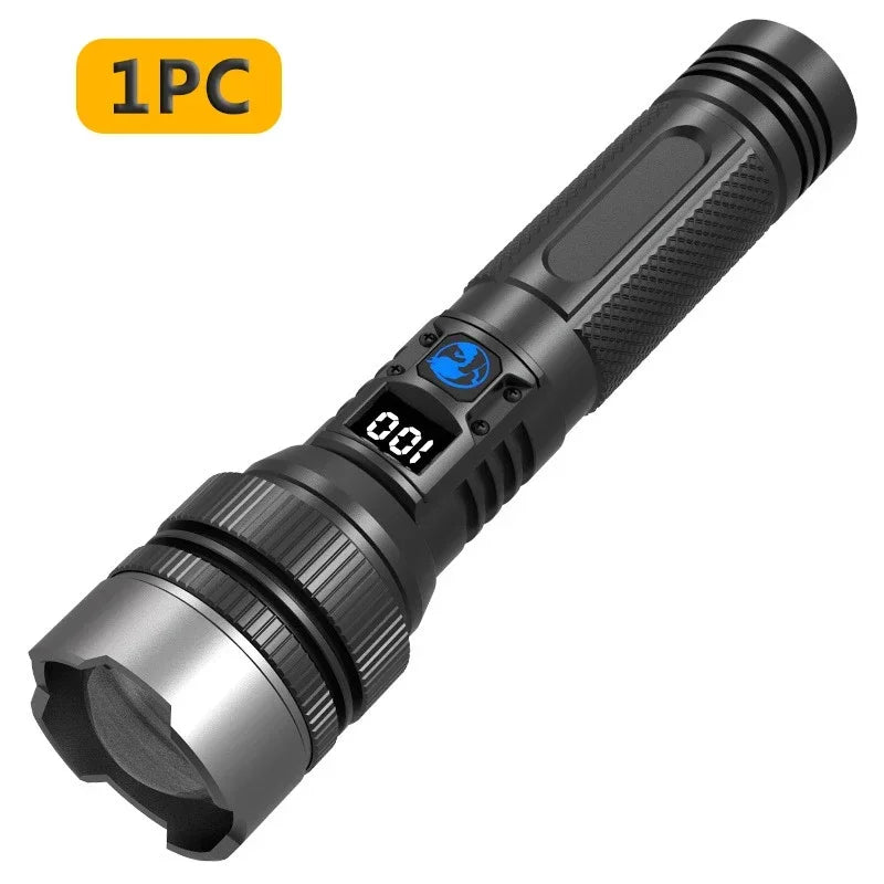 Powerful LED Flashlight With Zoom And Digital Display - Rechargeable Type-C Convenient Flashlight For Camping And Hiking