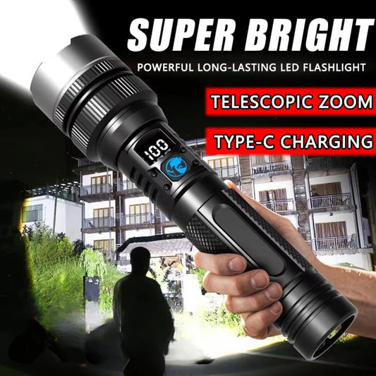 Powerful LED Flashlight With Zoom And Digital Display - Rechargeable Type-C Convenient Flashlight For Camping And Hiking