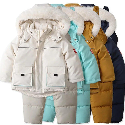 Children's Ski Suit Windproof And Waterproof Down Jacket And Pants Snow Coat Overalls Children Down Pants Parkas Soft Warm Sets