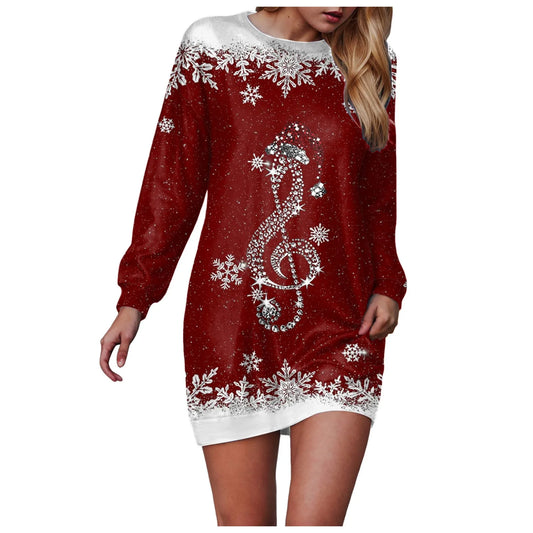 Snowflake Christmas Print Dress For Women 2025 New Year Xmas Party Dress Autumn And Winter Christmas Dresses Long Sleeve Vestido