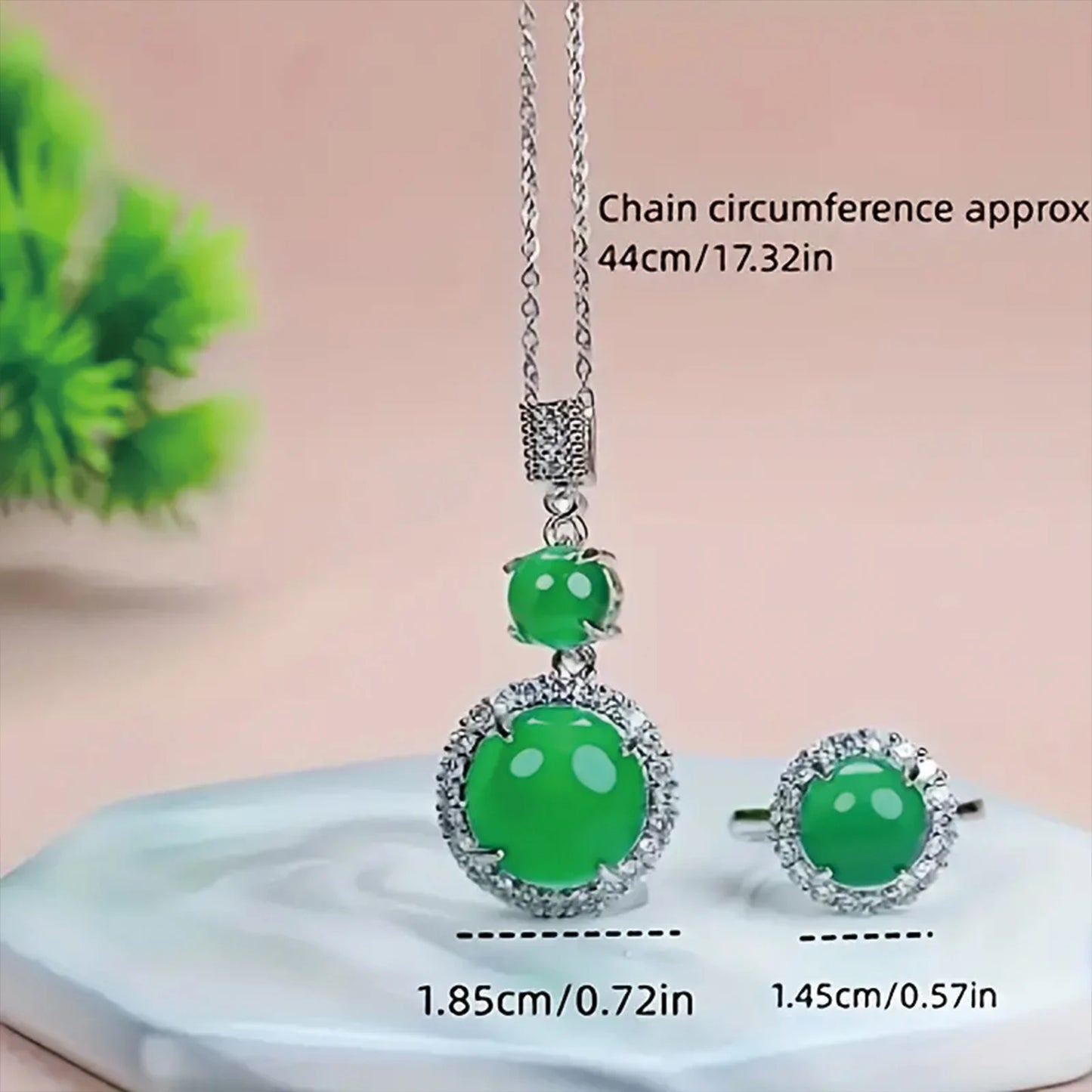 925 Silver, Green Jade Set, Natural stone jewellery three piece set including ring, necklace and pair of earrings. Crafted in 92