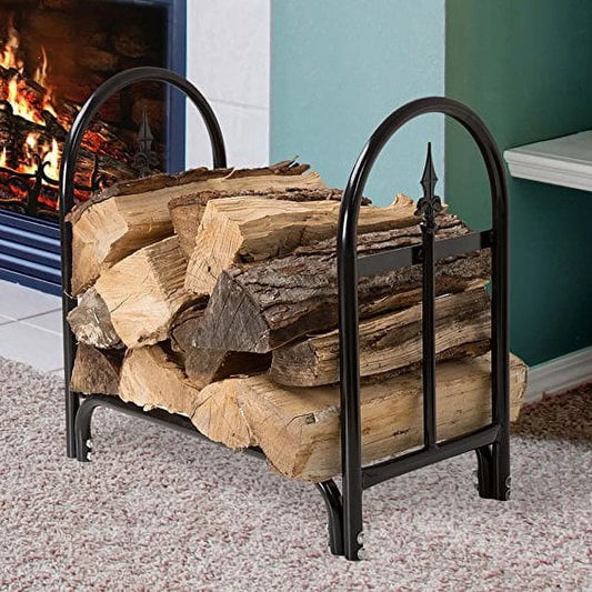 Fireplace Log Rack Steel Firewood Holder with Finial Design Sturdy Indoor Outdoor Wood Storage Solution Black Finish