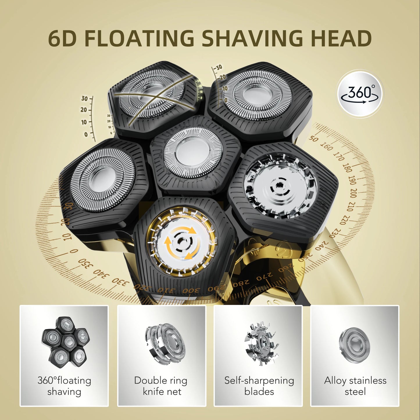 Sejoy 6D Floating Head Shavers for Men Bald Wet Dry Beard Hair Trimmer Multifunctional Rechargeable Bald Head Shaving Machine