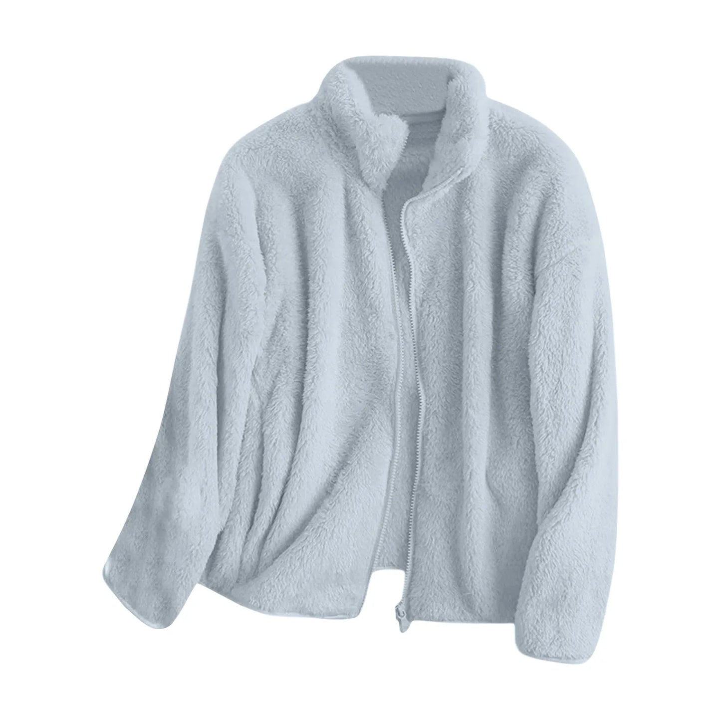 Women Casual Zip Up Fleece Jacket Solid Color Long Plush Polar Warm Zipper Outwears Female Gils Lamb Wool Jackets With Pockets