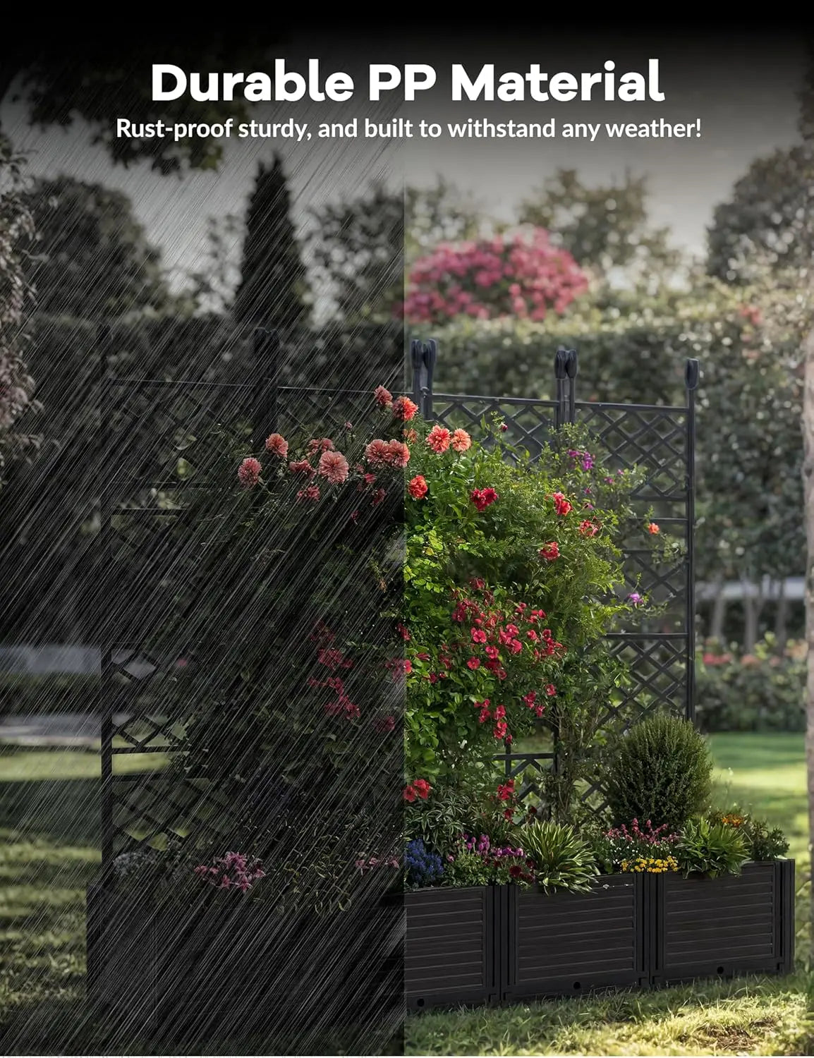 Plastic Planter Box w/ Trellis Rack 5.25FT Tall Raised Garden Bed Drainage for Outdoor Balcony Patio Flower Vegetable Planting - TrendForce25