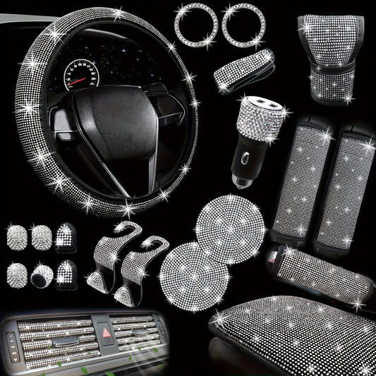 30 PCs Bling Car Accessories Set for Women, Steering Wheel Covers Universal Fit 15Inch, Seat Belt Covers, Armrest Cover
